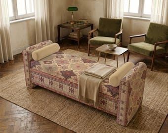 statement piece, hallway seating, comfortable seat, boho style trunk, armrest bench, eclectic bench, foyer bench, kilim ottoman