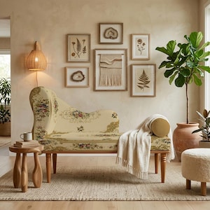 May include: A chaise lounge with a floral pattern in cream and gold tones. The room features framed botanical prints, a woven wall hanging, and a large potted plant. A small wooden side table and a rug complete the cozy, inviting space.