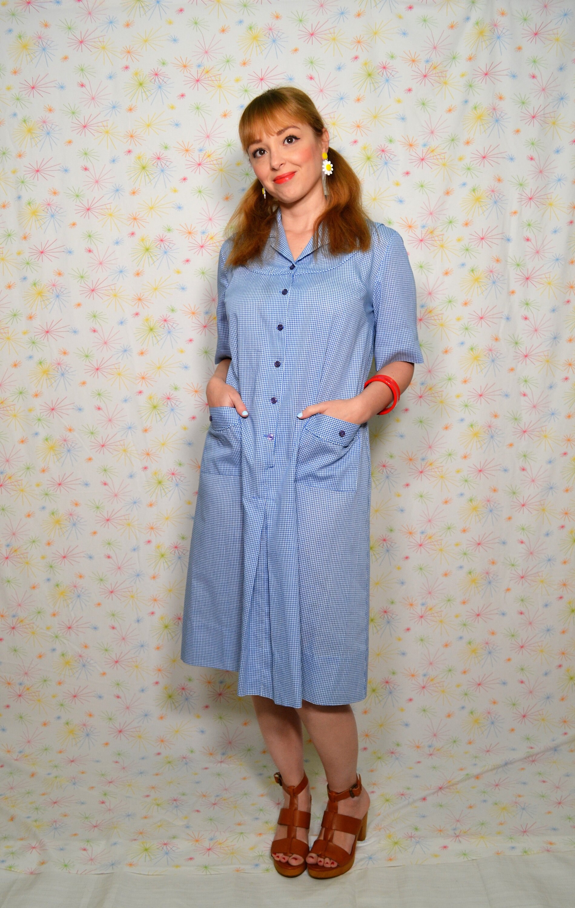 blue and white gingham dress