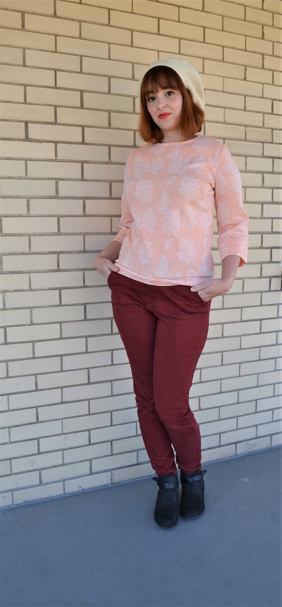 60s Salmon Peach Zip Back Blouse Small, Three Quar