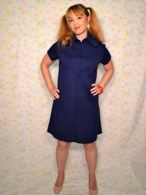 60s Navy Blue Dress with Dog Ear Collar, Medium Vi
