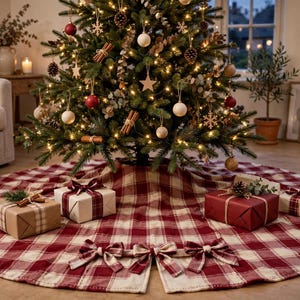 May include: A round Christmas tree skirt featuring a red and cream-colored buffalo plaid pattern. The fabric skirt has a slit opening with three fabric bows attached along the edge for closure, placed beneath a decorated evergreen tree.