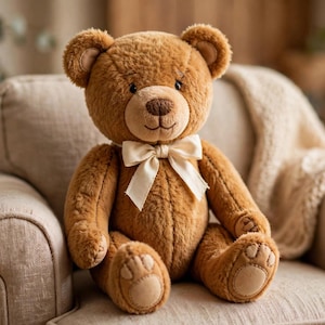 May include: A plush teddy bear with soft brown fur, dark button eyes, and a stitched nose. The bear features a cream-colored fabric bow tied around its neck and has lighter brown, smooth fabric patches on the soles of its feet and palms.