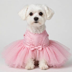 May include: A small white dog with floppy ears wearing a sleeveless pink dress. The bodice features vertical stitching details, and the waist is accented with a small horizontal bow. The skirt is made of layered, voluminous pink tulle fabric.