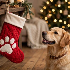May include: A red quilted Christmas stocking featuring a white cuff and a large white paw print appliqué. The stocking is suspended from a wooden surface by a jute rope loop, showcasing a diamond-stitched texture on the fabric.