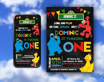 May include: A colorful invitation for a first birthday party. The invitation features a Sesame Street theme with Cookie Monster, Elmo, and Big Bird. The invitation is for Dominic's first birthday party and includes the date, time, and location of the party. The invitation also includes the text "Come and play on this special day!"