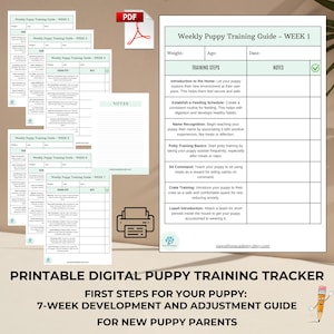 Può includere: Un tracker di addestramento per cuccioli di 7 settimane stampabile con checklist per i nuovi genitori di cuccioli. La guida include passaggi di addestramento come l'introduzione a casa, l'istituzione di un programma di alimentazione, il riconoscimento del nome, le basi dell'addestramento alla pulizia, il comando di sedersi, l'addestramento in gabbia e l'introduzione al guinzaglio.