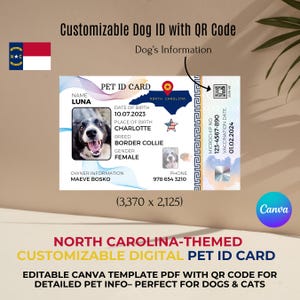 North Carolina-Themed Customizable Digital Pet ID Card – Editable Canva Template PDF with QR Code for Pet Details – Perfect for Dogs & Cats