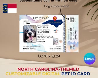 North Carolina Pet ID Card: Editable QR Code Canva Template (PDF)