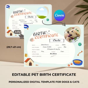 Certificado de nacimiento de mascota editable: plantilla digital personalizada para perros y gatos, agregue fotos y detalles, idea perfecta para regalo o recuerdo