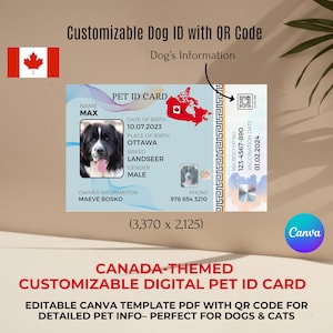 Bewerkbare digitale huisdier-ID-kaart met Canada-thema en QR-code voor gepersonaliseerde huisdierinfo – perfect voor honden en katten, geleverd als pdf-sjabloon