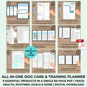 May include: A digital download for a dog care and training planner. The planner includes 9 essential products in a single 60-page PDF. The products include a puppy health and growth tracker, a dog and cat daily care planner, a dog care and habit tracker, a digital puppy training tracker, a dog socialization activities and checklist, a dog care instruction sheet, a pet training and habit tracker, a pet care and routine planner, and a dog care tracker set. The planner is designed to help track health, routines, goals, and more.