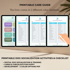 Puede incluir: Guía imprimible de socialización y actividades para perros. La guía incluye listas de verificación para personas, lugares, objetos, sonidos y manejo del cuerpo. La guía está disponible en dos opciones de color.