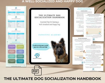 May include: A digital download for a dog socialization handbook with a German Shepherd puppy on the cover. The handbook is titled "The Ultimate Dog Socialization Handbook: Essential Tips for Raising a Well-Socialized and Happy Dog".