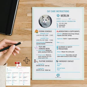 Mode d'emploi modifiable pour les soins des chats - Téléchargement numérique pour les gardiens d'animaux de compagnie et les hôtels pour chats, modèle d'informations sur les animaux de compagnie à remplir sur Canva