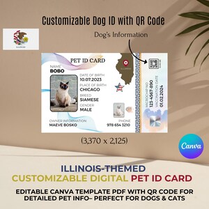 Aanpasbare digitale huisdier-ID-kaart met Illinois-thema – bewerkbare pdf-canvasjabloon met QR-code voor huisdierdetails – perfect voor honden en katten, bewerkbaar