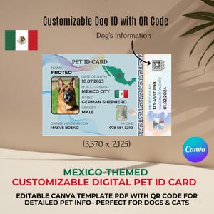 May include: A customizable digital pet ID card template with a Mexican theme. The card features a German Shepherd dog, the text "PROTEO", and a QR code. The card is designed for dogs and cats and includes space for pet information, owner information, and vaccination details.