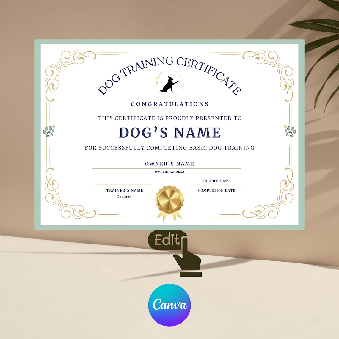 Printable Dog Training Certificate Template | Editable Canva Link ...