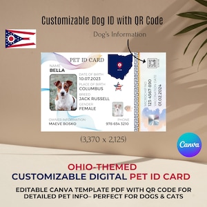 Carte d'identité numérique personnalisable pour animal de compagnie sur le thème de l'Ohio - Modèle PDF modifiable sur toile avec code QR pour les détails de l'animal - Parfait pour les chiens et les chats, Modifier