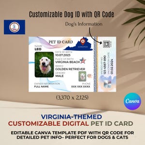 Può includere: Carta d'identità digitale personalizzabile per animali domestici a tema Virginia. La carta presenta una foto di un Golden Retriever di nome Leo, con dettagli tra cui data di nascita, luogo di nascita e un codice QR.