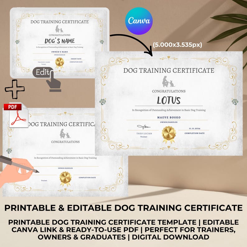 Printable Dog Training Certificate Template | Editable Canva Link ...
