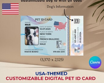USA-Themen-Haustier-ID-Karte - Bearbeitbares Canva Template mit QR-Code (pdf)