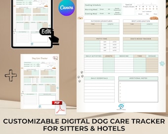 Könnte beinhalten: Eine druckbare digitale Hunde-Betreuungs-Tracker-Vorlage für Betreuer und Hotels. Die Vorlage enthält Abschnitte für den Fütterungsplan, Outdoor-Abenteuer, Töpfchenzeit, tägliche Aktivitäten, den Stimmungs-Tracker des Hundes, Ruhe und Entspannung, tägliche Notwendigkeiten und zusätzliche Notizen.