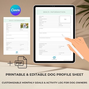 Hoja de perfil de perro imprimible y editable: registro de salud y cuidado de mascotas personalizado para un seguimiento sencillo