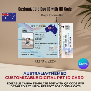 Bewerkbare digitale huisdier-ID-kaart met Australië-thema en QR-code voor gepersonaliseerde huisdierinfo – perfect voor honden en katten, geleverd als pdf-sjabloon
