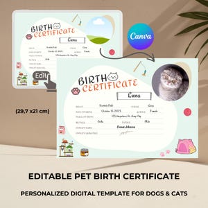 Personalisierte Katzen-Geburtsurkunde - Bearbeitbares & druckbares Andenken | Geburtsdatensatz für Katzenbesitzer, Personalisierter Canva Template