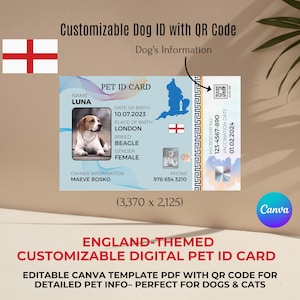 Bewerkbare digitale huisdier-ID-kaart met Engeland-thema met QR-code voor gepersonaliseerde huisdierinfo – perfect voor honden en katten, geleverd als pdf-sjabloon