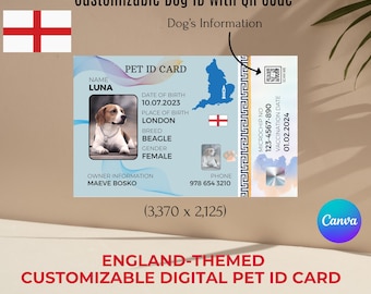 England-Thema Haustier ID Karte mit QR Code (PDF Vorlage)