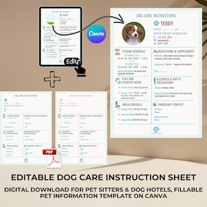 Foglio di istruzioni modificabile per la cura del cane - Download digitale per pet sitter e hotel per cani, modello di informazioni compilabile per animali domestici su Canva