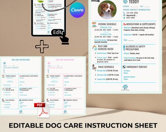 May include: Editable dog care instruction sheet template for pet sitters and dog hotels. The template includes sections for feeding schedule, medications and supplements, allergies and safety precautions, play and exercise needs, walk schedule, and emergency contact information. The template is designed to be filled out on Canva.