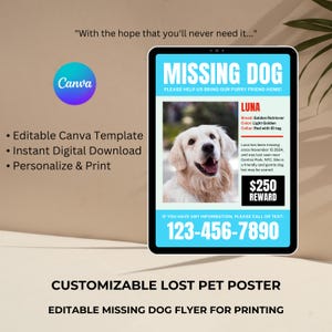 Pode incluir: Modelo de cartaz Canva editável para um cão desaparecido. O cartaz apresenta uma foto de um cão golden retriever de cor clara chamado Luna, com o texto "MISSING DOG" e "PLEASE HELP US BRING OUR FURRY FRIEND HOME!" O cartaz também inclui a raça de Luna, sua cor, a descrição de sua coleira e uma recompensa de 250 €. O texto "IF YOU HAVE ANY INFORMATION, PLEASE CALL OR TEXT: 123-456-7890" está na parte inferior do cartaz.