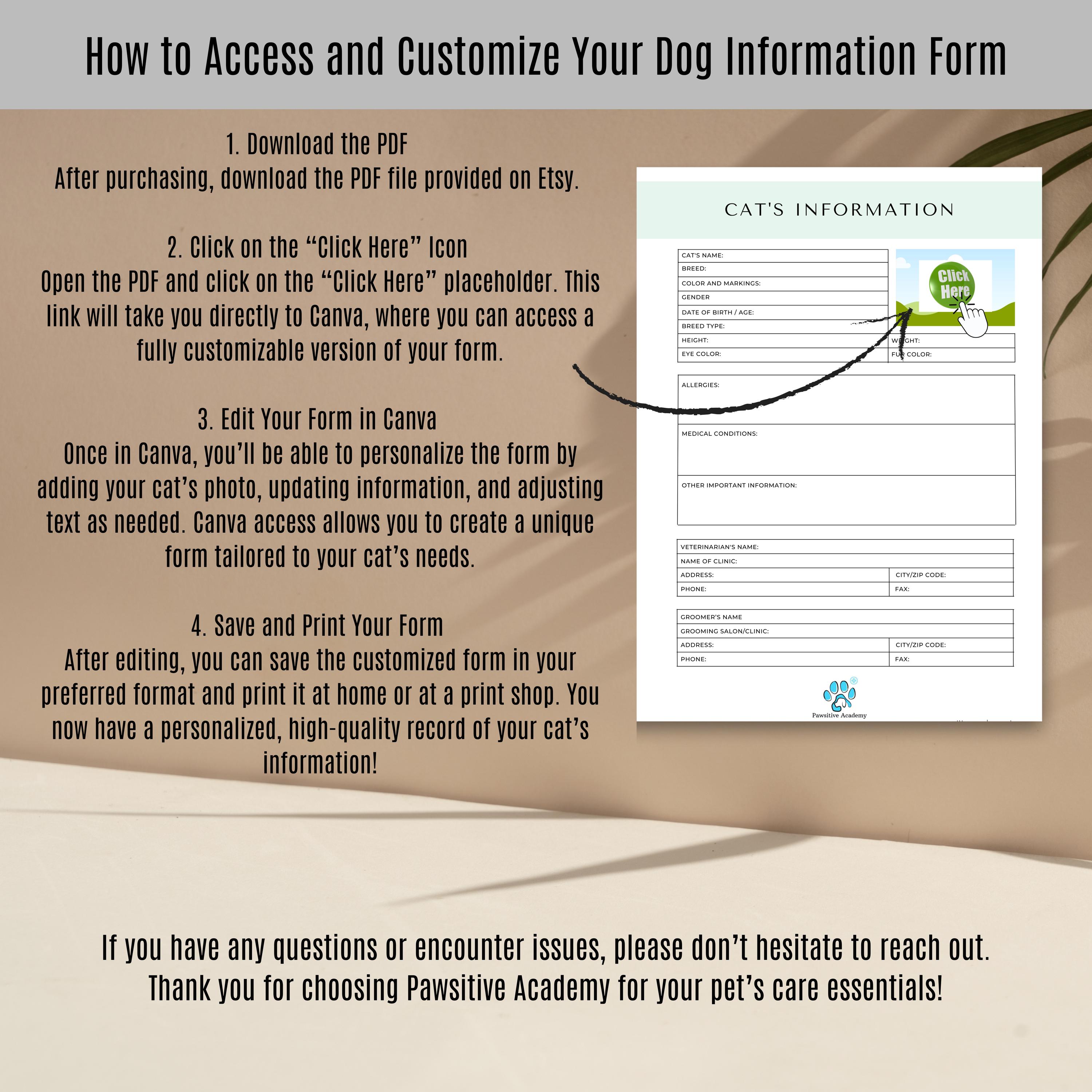 Photo inspiration: Printable Editable Cat Info Sheet Digital Emergency Record For Pet Photo Inspiration