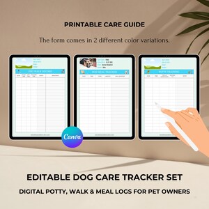 May include: Printable dog care tracker set with three pages: Dog Walk Record, Dog Meal Tracker, and Potty Training. Each page has a blue and white color scheme with a dog illustration at the top.