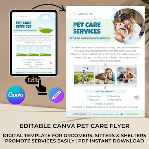 Puede incluir: Plantilla de folleto editable de Canva para servicios de cuidado de mascotas. El folleto presenta un esquema de color verde y azul con una foto de un perro y una persona. El texto en el folleto dice "Pet Care Services" y "Pets Feel Safe and Loved with Us".