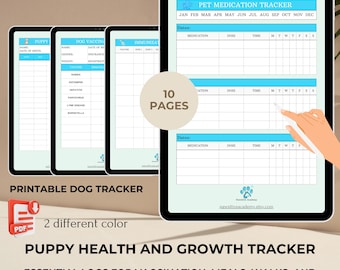 Könnte beinhalten: Ein druckbarer Welpen-Gesundheits- und Wachstumstracker mit 10 Seiten. Der Tracker enthält Abschnitte für Impfungen, Medikamente, Mahlzeiten, Spaziergänge und Entwicklung. Das Cover zeigt ein blaues und weißes Pfotenabdruck-Design mit dem Text "Pet Medication Tracker".