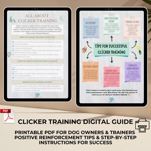 Può includere: Una guida digitale per proprietari e addestratori di cani sul clicker training. La guida include un PDF stampabile con suggerimenti e istruzioni passo passo per il successo. La guida presenta un'illustrazione colorata di un cane con un clicker e una sezione sui vantaggi del clicker training.