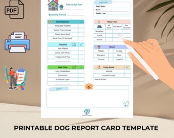 May include: Printable dog report card template for pet sitters and boarding services. The template includes sections for dog profile, grade section, meal time, playtime, walk time, potty break, and mood. The template is designed to track a dog's stay, activities, mood, and care details.