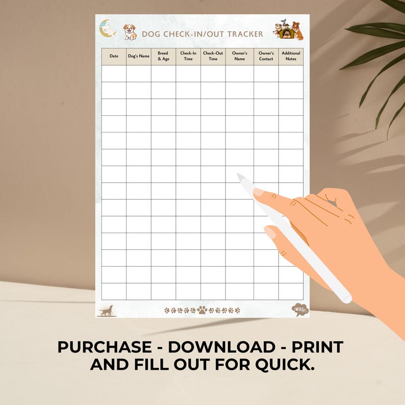 Pet Check-in/out Tracker: Cat & Dog Care Log (printable PDF) - Etsy