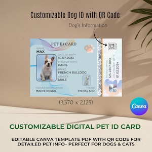 Plantilla de tarjeta de identificación digital personalizada para mascotas con código QR: PDF editable de Canva para perros y gatos: información personalizada para mascotas/descarga instantánea