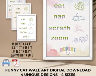 Lustige Katzen Illustration: Eat, Nap, Zoom - Verspieltes Kitty Dekor (Digitaler Download)