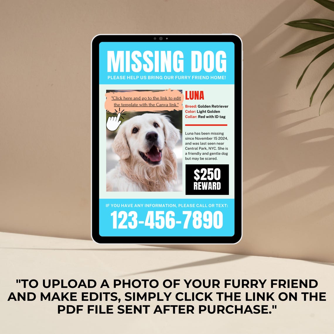 Customizable Lost Pet Poster Editable Missing Dog Flyer for Printing Customizable Lost Pet Poster Editable Missing Dog Flyer for Printing