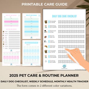 May include: Printable pet care guide with a daily dog checklist, weekly schedule, and monthly health tracker. The guide features a pink and blue color scheme with illustrations of dogs.