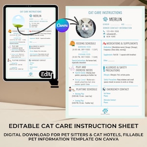 Editable Cat Care Instruction Sheet: Canva Template (Digital Download)