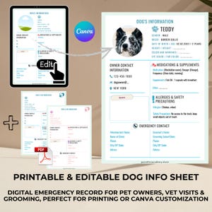 Hoja de información para perros imprimible y editable: registro de emergencia digital para dueños de mascotas, visitas al veterinario, cuidados personales, ¡perfecta para imprimir o personalizar!