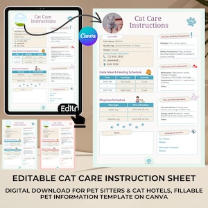 Editable Cat Care Instruction Sheet: Pet Sitter Template Digital Download