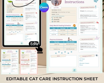 May include: Editable cat care instruction sheet template for pet sitters and cat hotels. The template includes sections for cat profile, daily meal and feeding schedule, playtime schedule, allergies and safety precautions, medications and supplements, play and exercise needs, notes, and emergency contact information. The template is designed to be filled out on Canva.